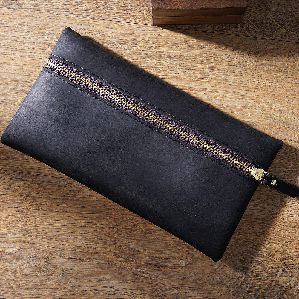 Wholesale Head Layer Cowhide Large -capacity Zipper Simple Portable Pen Bag